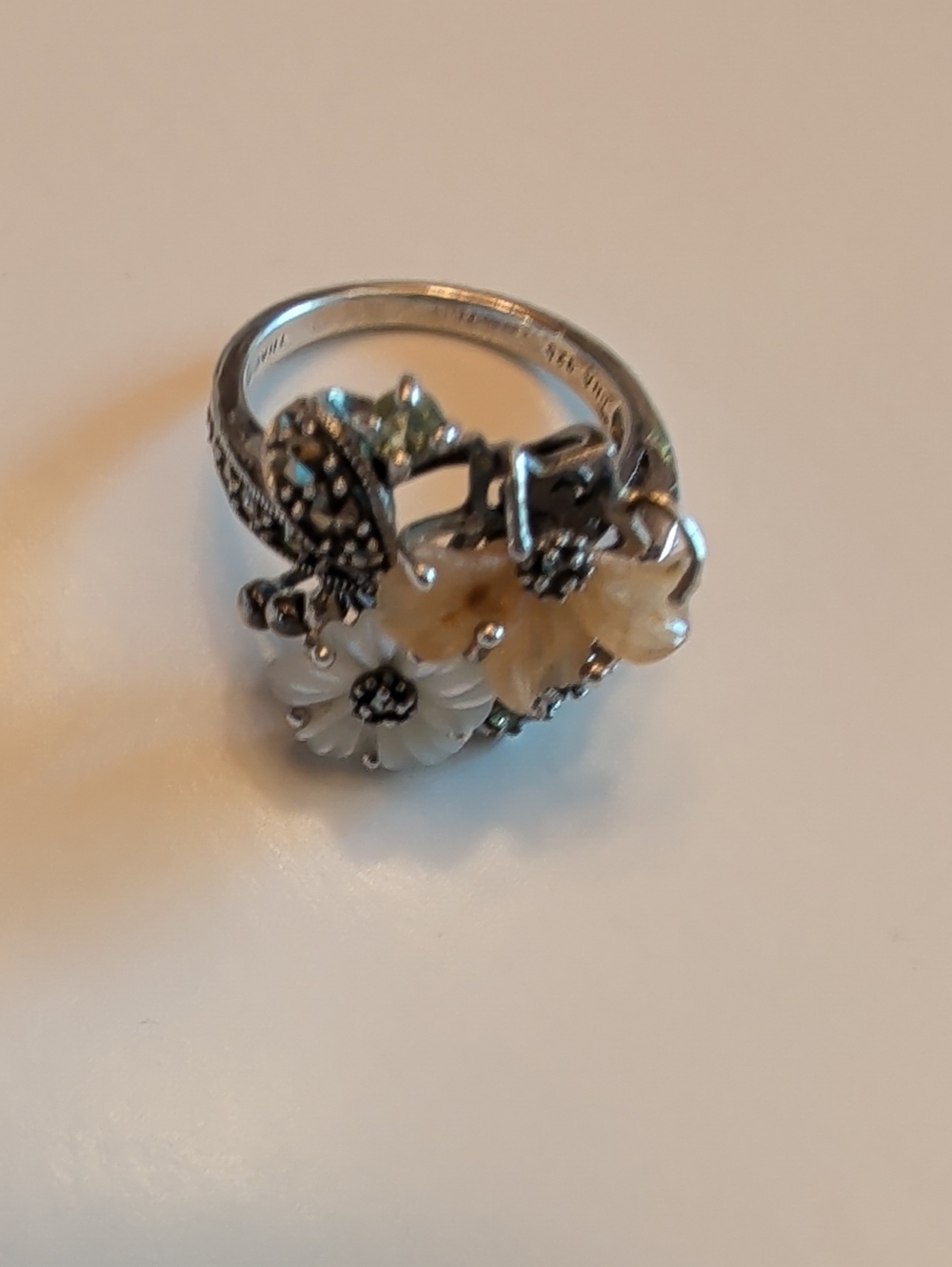 Silver Floral Ring with White and Cream Flower Accents